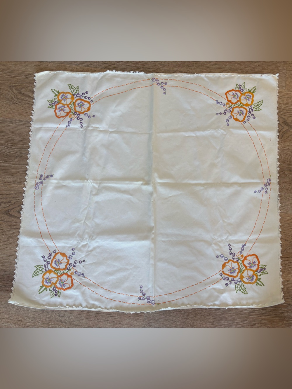 Vintage Embroidered Tablecloth 32x34 Floral Crochet Edge Orange Purple